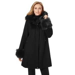 Black fur trim coat jacket zip plus size hood Jessica London 1x NWT wool blend